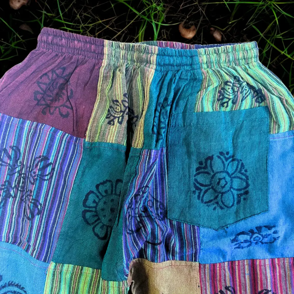 Nomad Sari – Mushroom Pants – Block Print Designs -Green Tones S/M | www.artisangoods.co.uk