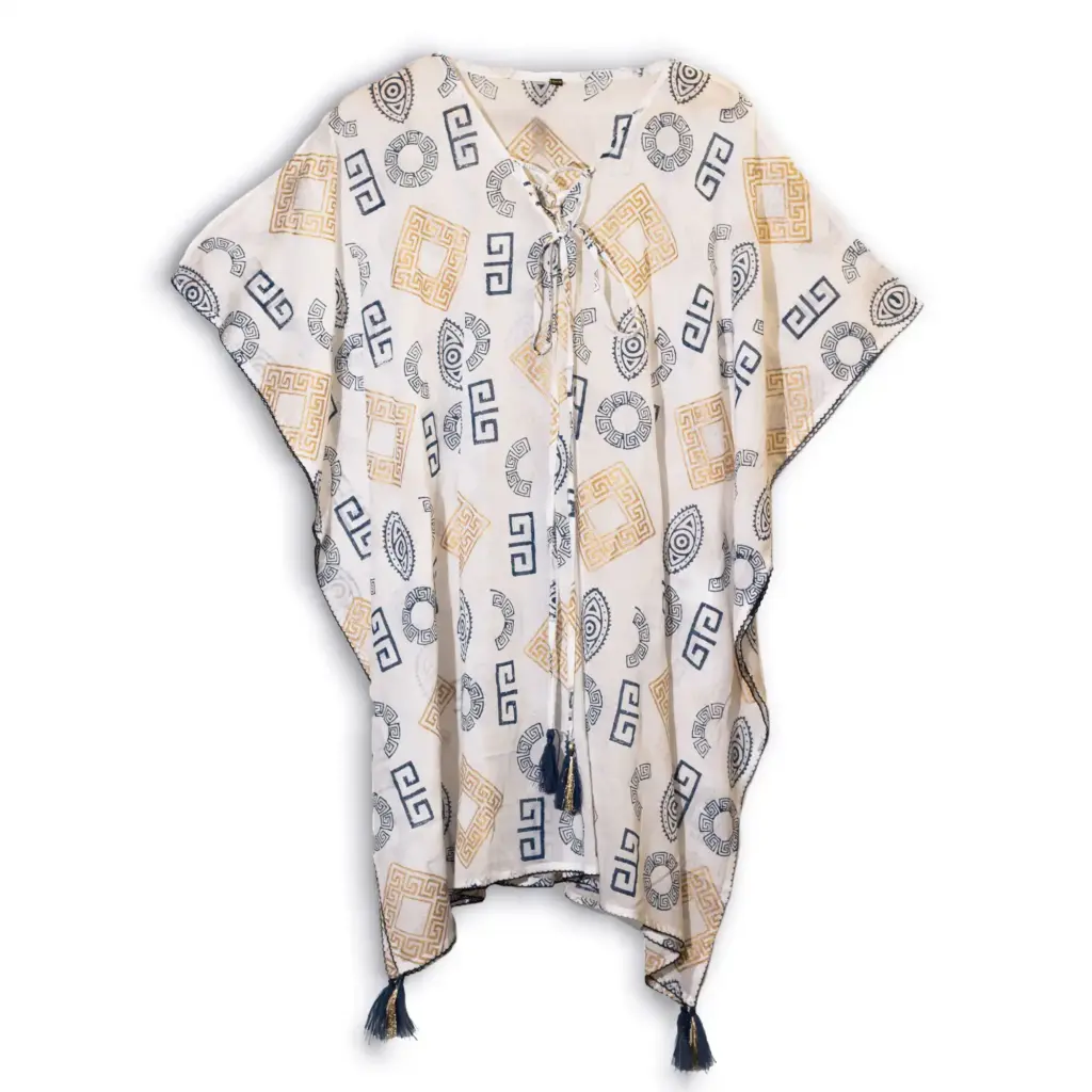 Nomad Sari On the Med Collection – Kaftan – Gold & Blue Greek Motiff – Handpainted | www.artisangoods.co.uk 3 Nomad Sari On the Med Collection – Kaftan – Gold & Blue Greek Motiff – Handpainted | www.artisangoods.co.uk 3