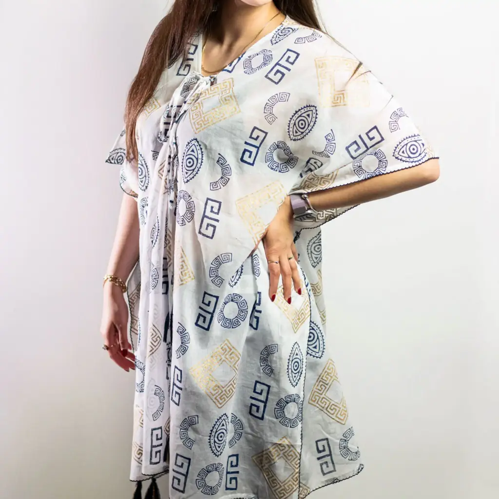 Nomad Sari On the Med Collection – Kaftan – Gold & Blue Greek Motiff – Handpainted | www.artisangoods.co.uk 2 Nomad Sari On the Med Collection – Kaftan – Gold & Blue Greek Motiff – Handpainted | www.artisangoods.co.uk 2