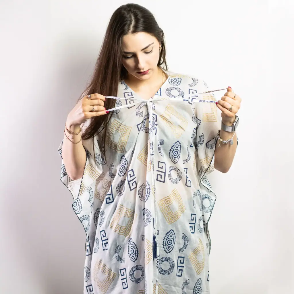 Nomad Sari On the Med Collection – Kaftan – Gold & Blue Greek Motiff – Handpainted | www.artisangoods.co.uk