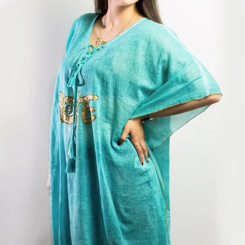 Nomad Sari On the Med Collection – Kaftan – Turquoise & Gold Love Design | www.artisangoods.co.uk