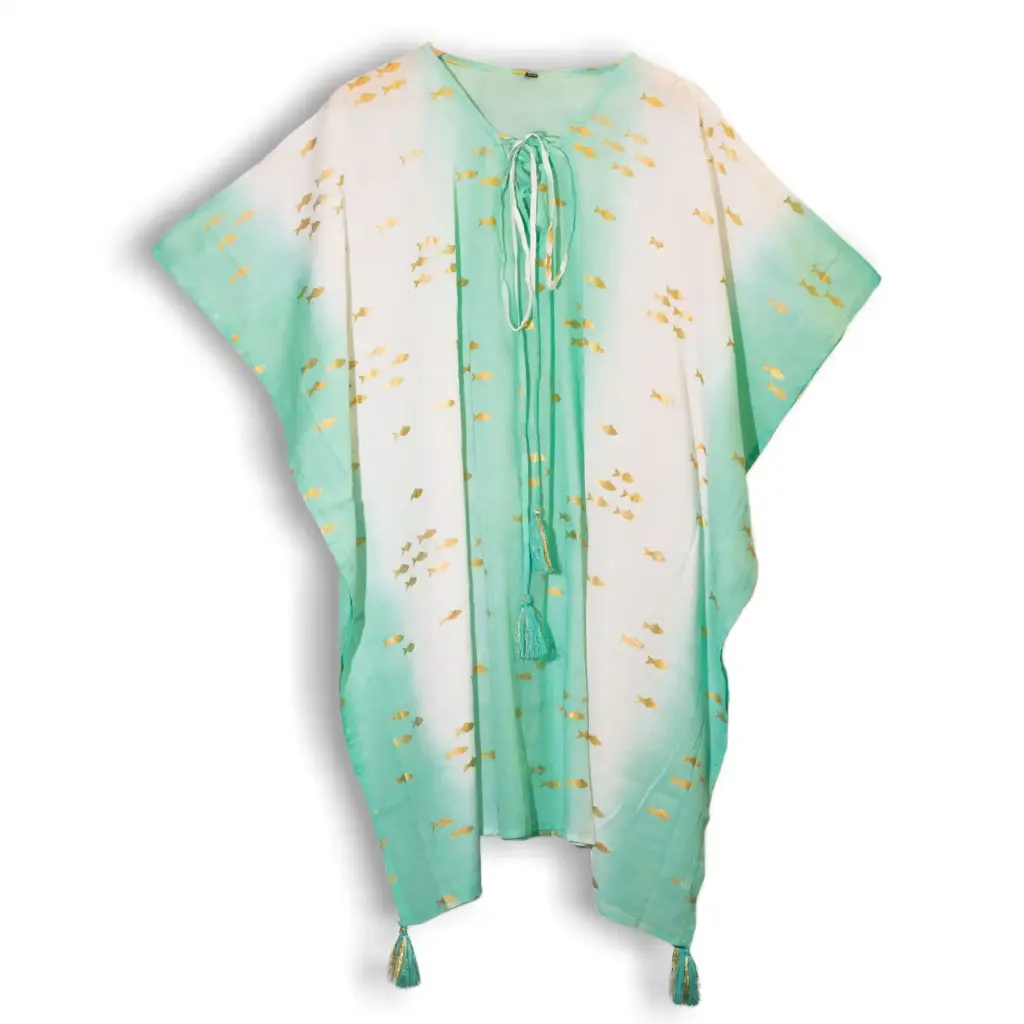 Nomad Sari On the Med Collection – Kaftan – White & Turquoise & Gold Fish Design | www.artisangoods.co.uk 2 Nomad Sari On the Med Collection – Kaftan – White & Turquoise & Gold Fish Design | www.artisangoods.co.uk 2