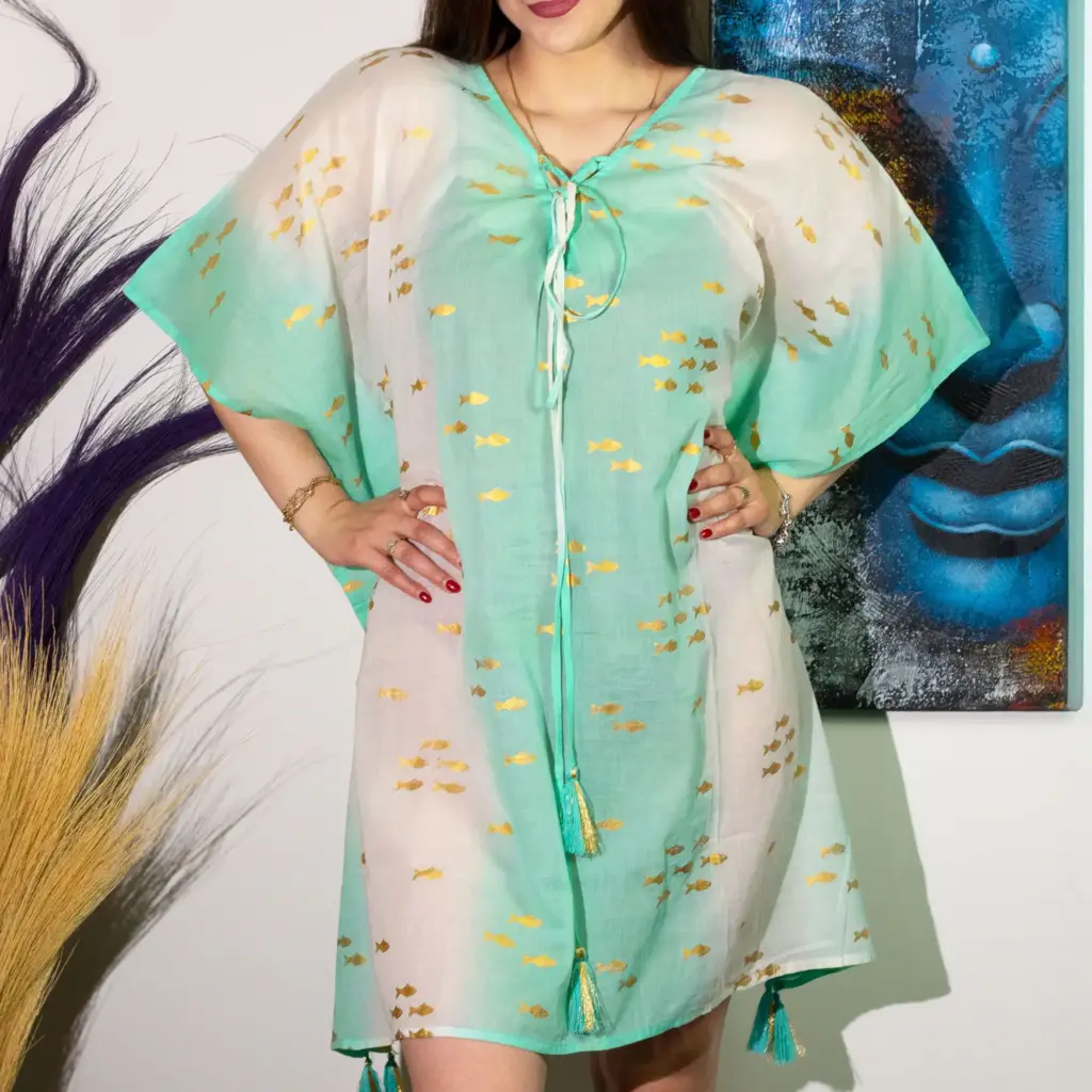 Nomad Sari On the Med Collection – Kaftan – White & Turquoise & Gold Fish Design | www.artisangoods.co.uk 3 Nomad Sari On the Med Collection – Kaftan – White & Turquoise & Gold Fish Design | www.artisangoods.co.uk 3