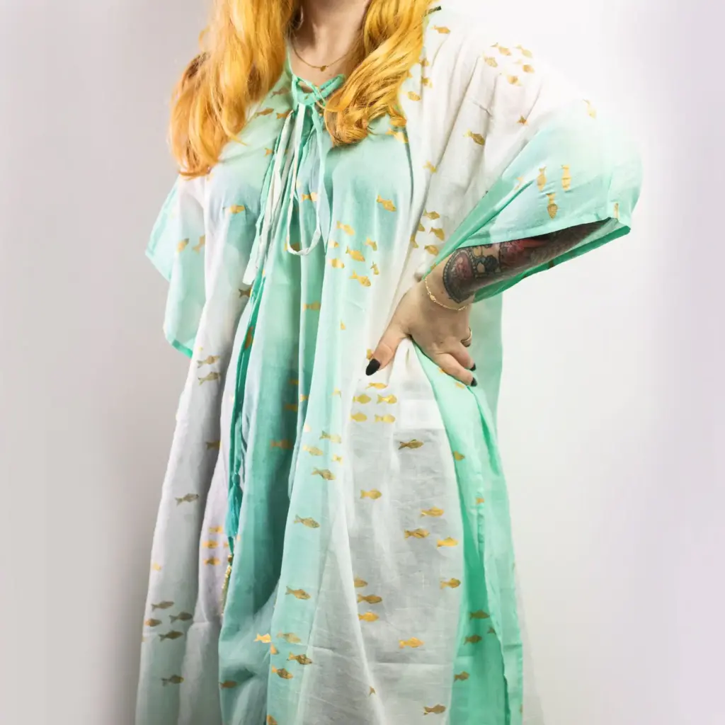 Nomad Sari On the Med Collection – Kaftan – White & Turquoise & Gold Fish Design | www.artisangoods.co.uk