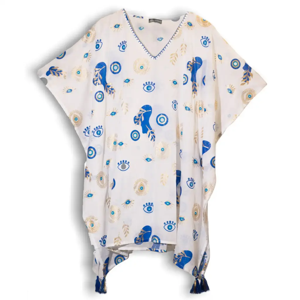 Nomad Sari On the Med Collection – Kaftan – White , Blue & Gold Evil Eye Design | www.artisangoods.co.uk