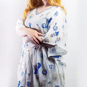 Nomad Sari On the Med Collection – Kaftan – White , Blue & Gold Evil Eye Design | www.artisangoods.co.uk 2