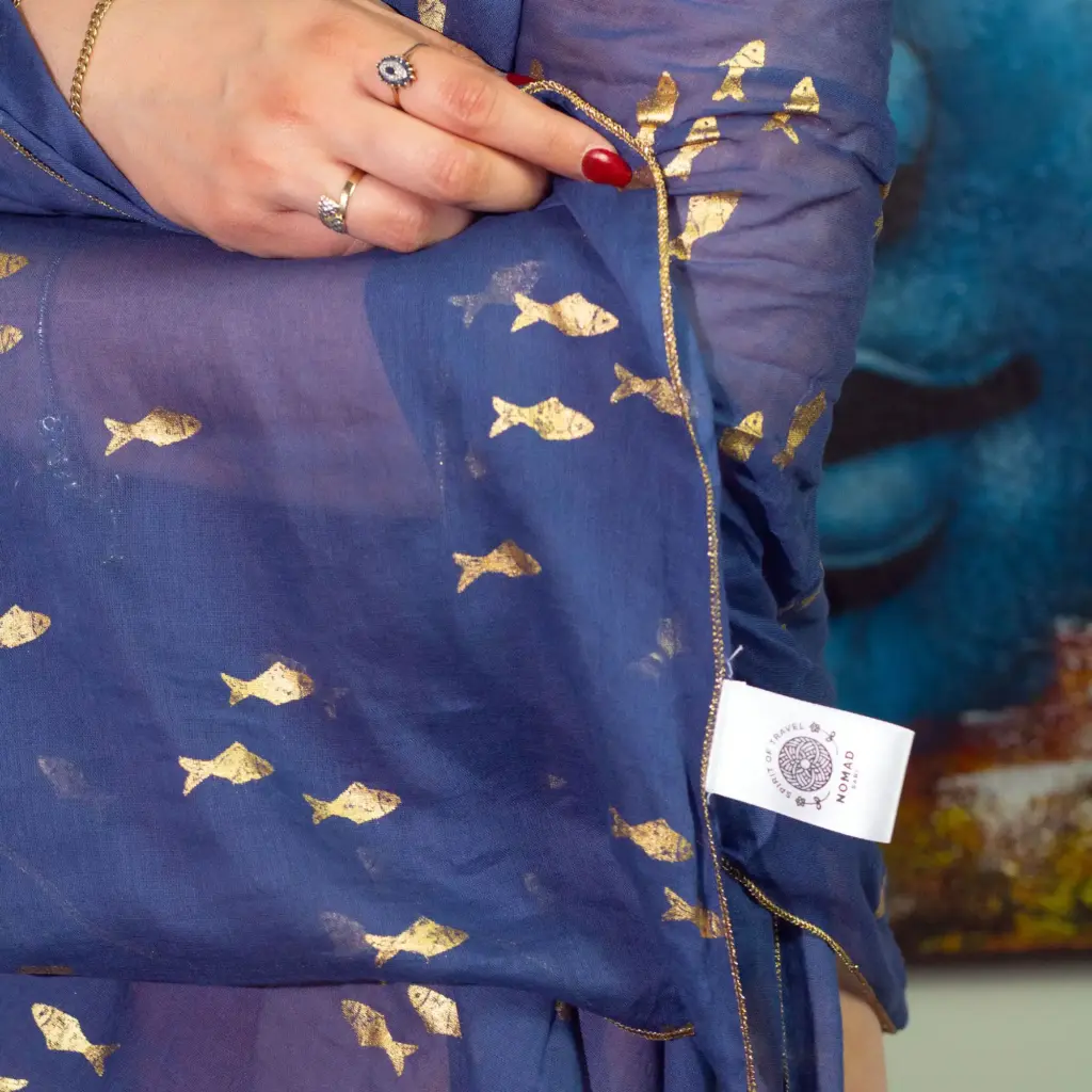Nomad Sari On the Med Collection – Pareo – Sea Blue & Gold Fish Design | www.artisangoods.co.uk 3 Nomad Sari On the Med Collection – Pareo – Sea Blue & Gold Fish Design | www.artisangoods.co.uk 3