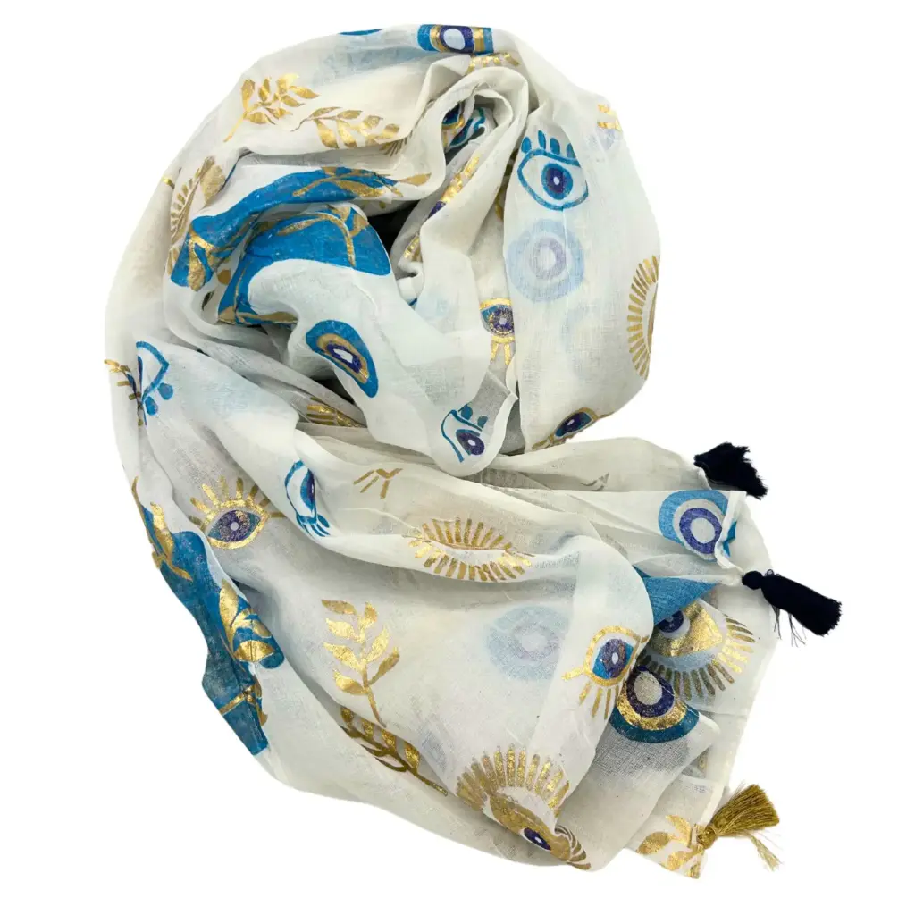 Nomad Sari On the Med Collection – Pareo – White , Blue & Gold Evil Eye Design | www.artisangoods.co.uk 2 Nomad Sari On the Med Collection – Pareo – White , Blue & Gold Evil Eye Design | www.artisangoods.co.uk 2