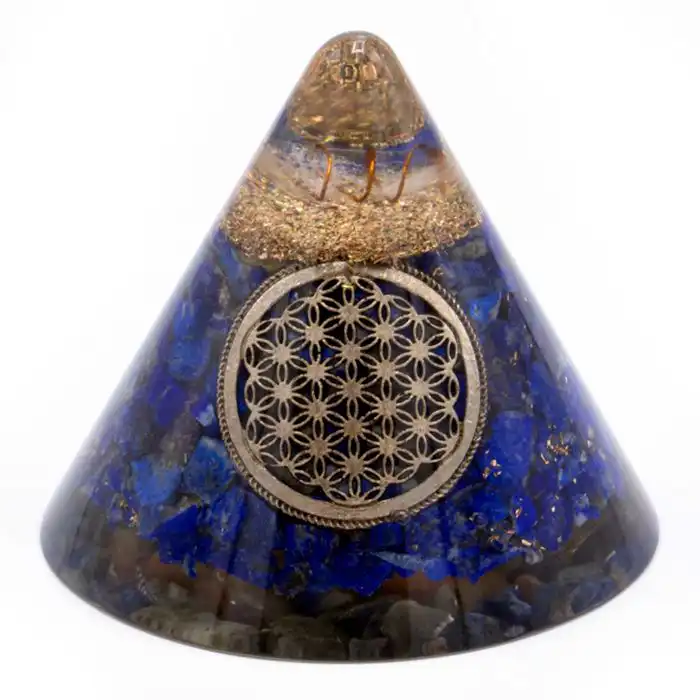 Orgonite Cone – Lapis Flower of Life – Suspended Quartz – 90 mm | www.artisangoods.co.uk 2 Orgonite Cone – Lapis Flower of Life – Suspended Quartz – 90 mm | www.artisangoods.co.uk 1