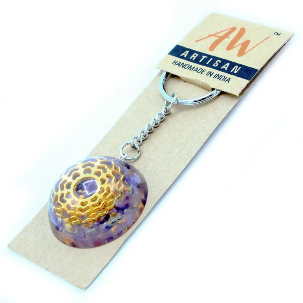 Orgonite Power Keyring – Amethyst Mandala Hearts | www.artisangoods.co.uk