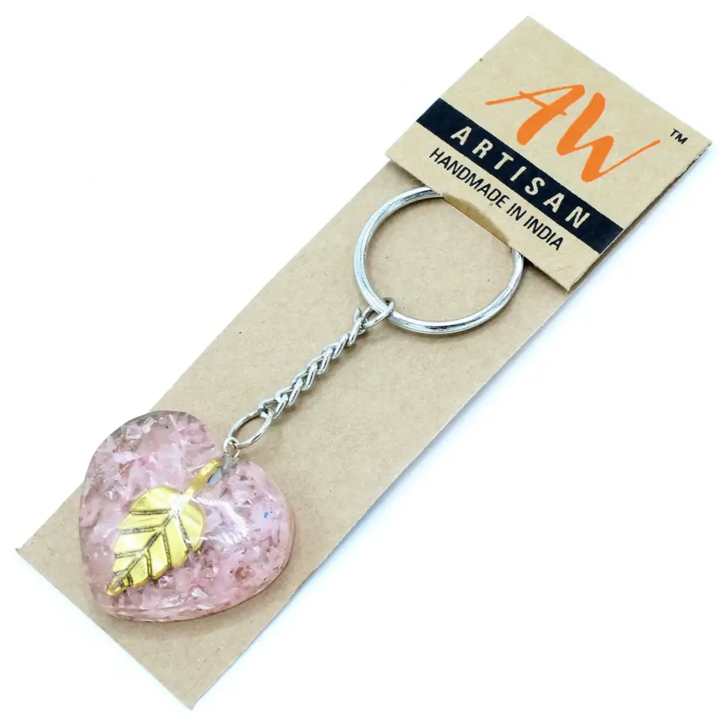 Orgonite Power Keyring – Rose Quartz Heearts Golden Leaf | www.artisangoods.co.uk