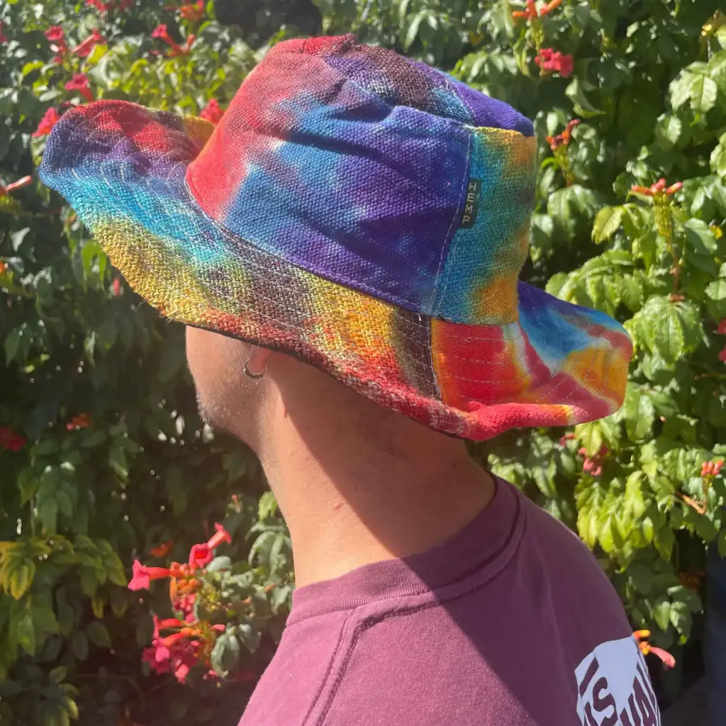 Patched and Wired Hemp & Cotton Boho Festival Hat – Tiedye | www.artisangoods.co.uk 2