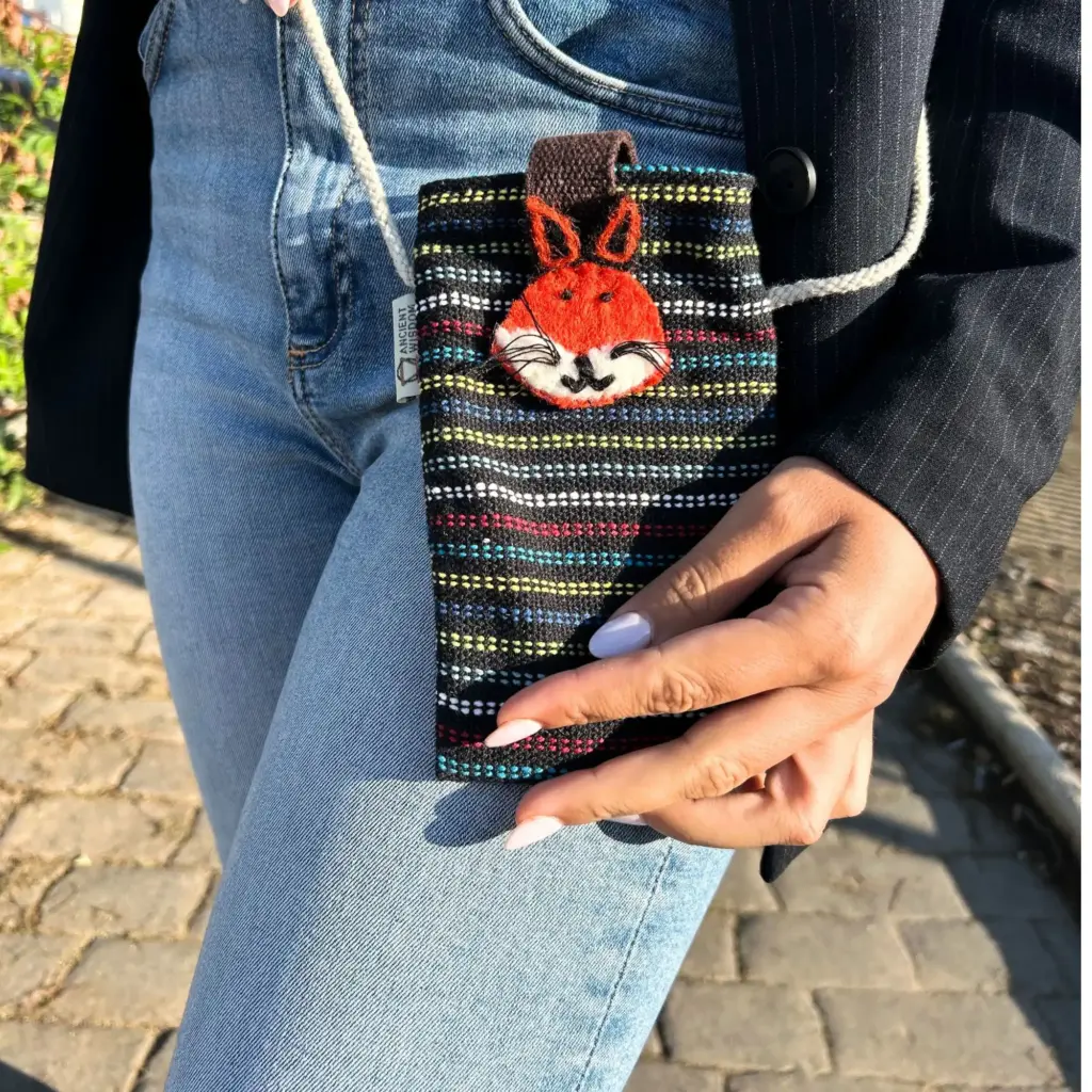 Phone Holder Bag Black and Multi – fox decor | www.artisangoods.co.uk