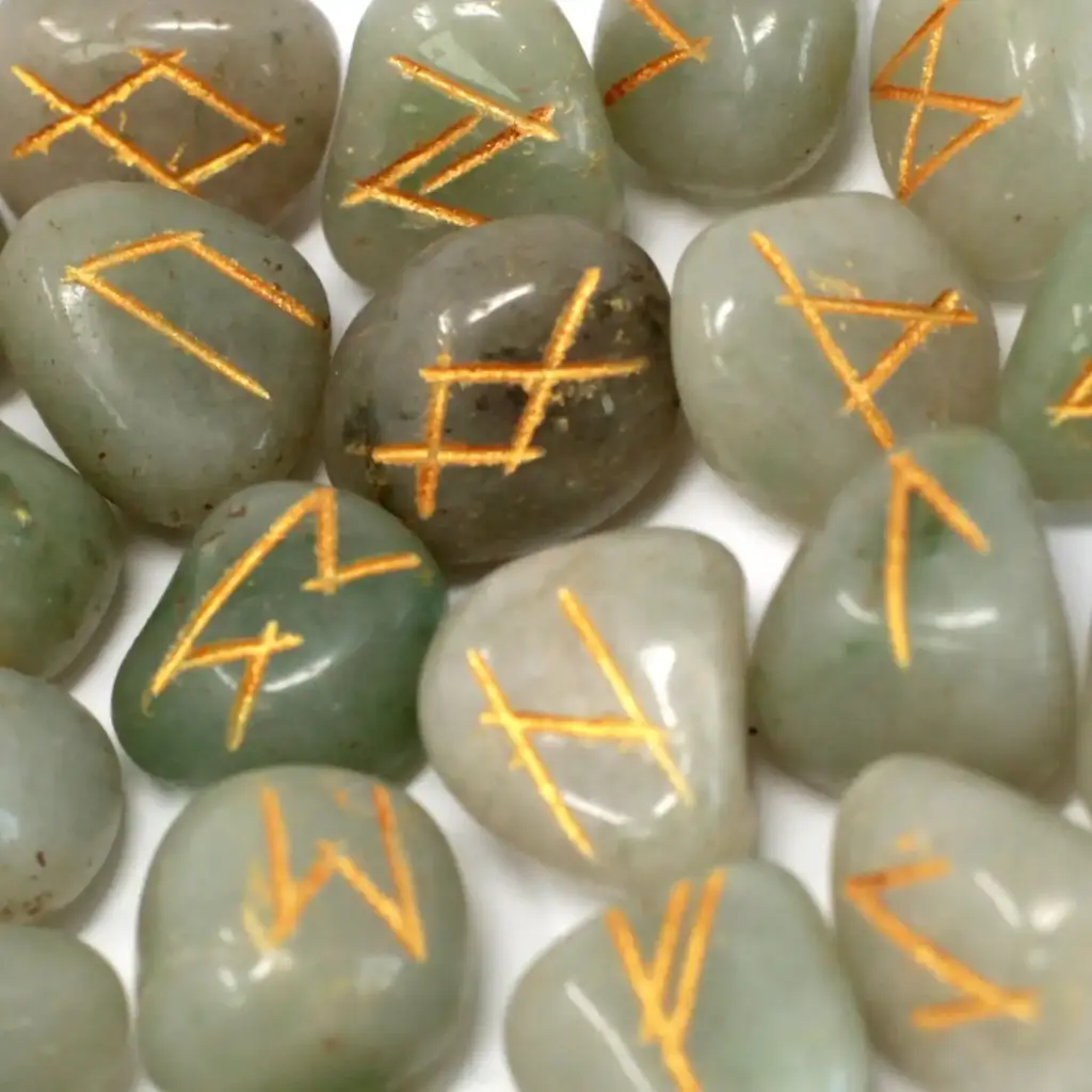 Runes Stone Set in Pouch – Green Aventurine | www.artisangoods.co.uk