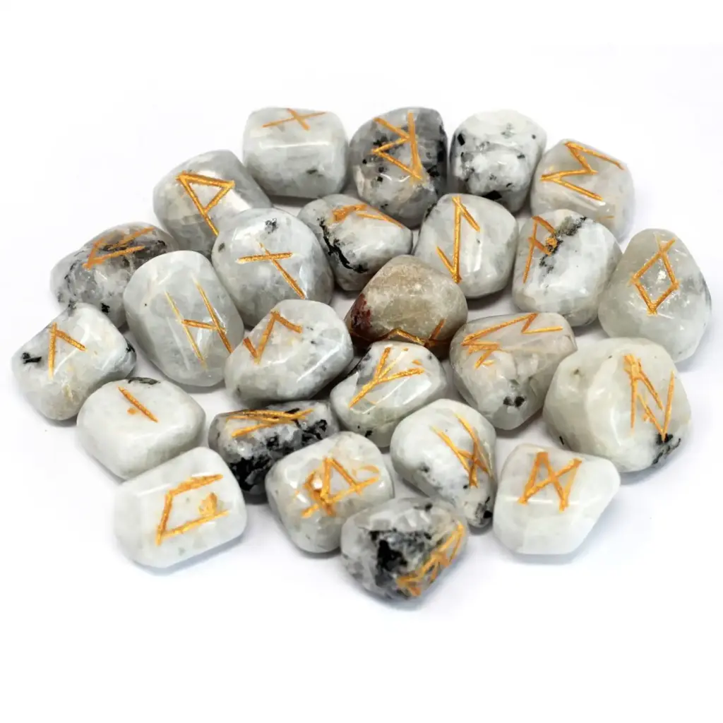 Runes Stone Set in Pouch – Rainbow Moonstone | www.artisangoods.co.uk