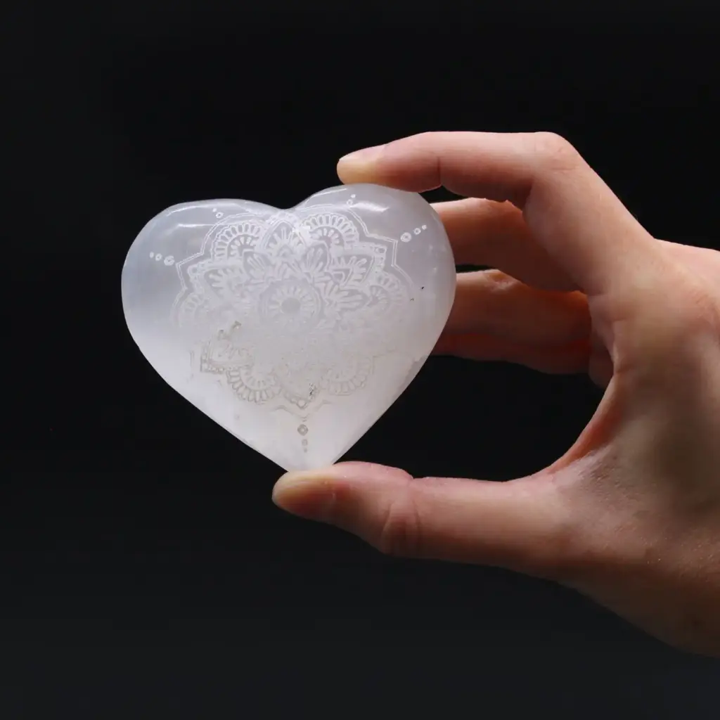 Selenite Heart – 7-8cm – Mandala Engraved | www.artisangoods.co.uk 3