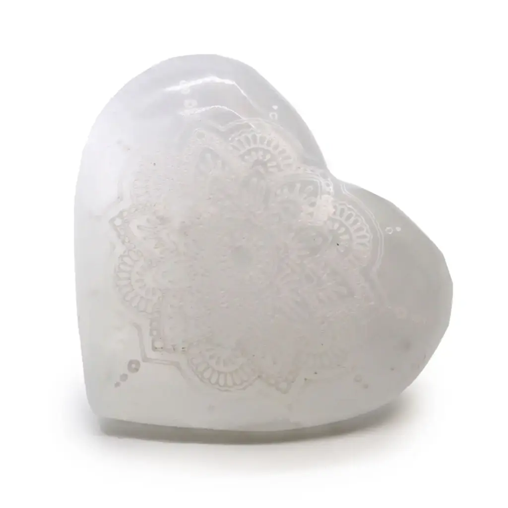 Selenite Heart – 7-8cm – Mandala Engraved | www.artisangoods.co.uk