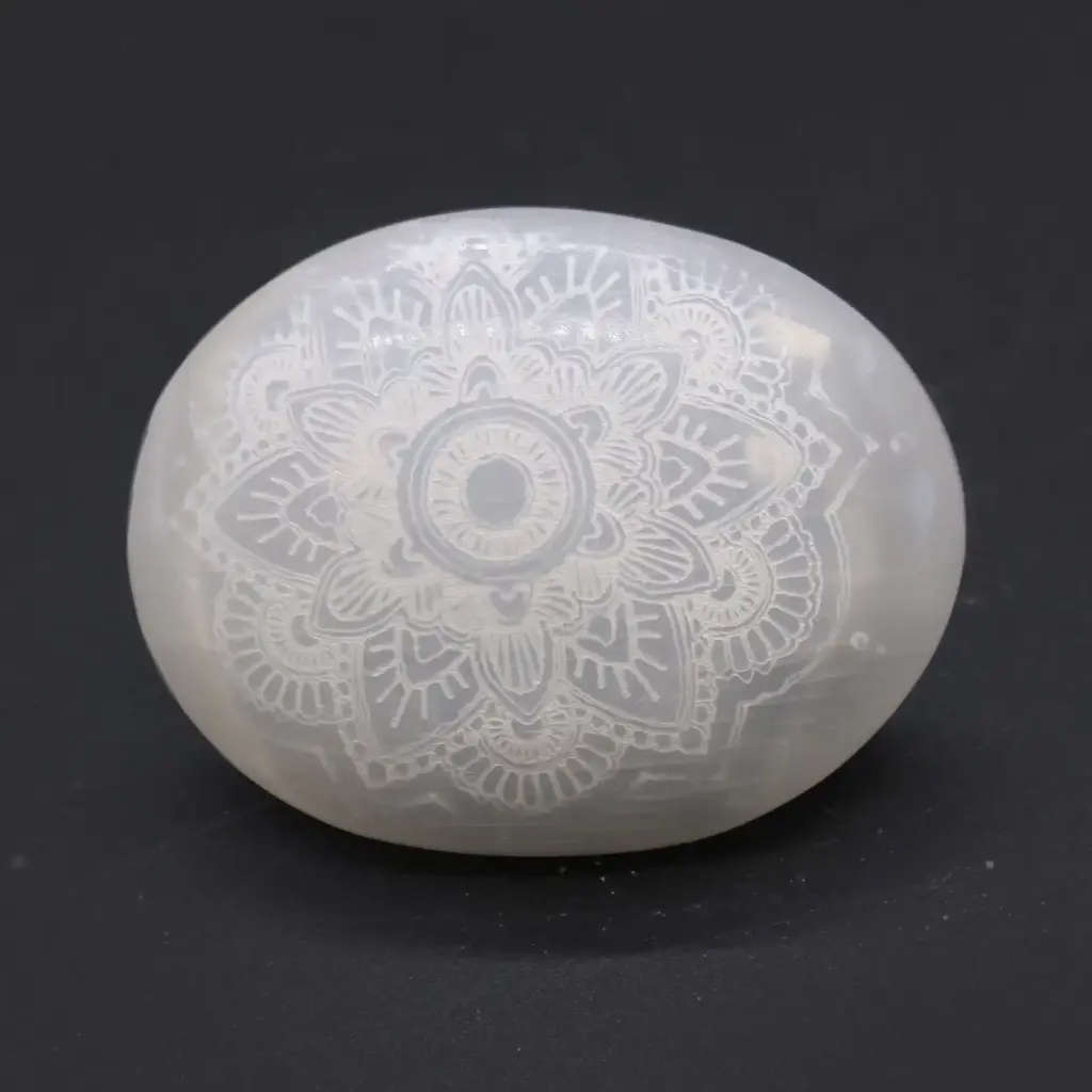 Selenite Palm Stone – Mandala Engraved | www.artisangoods.co.uk 2 Selenite Palm Stone – Mandala Engraved | www.artisangoods.co.uk 2