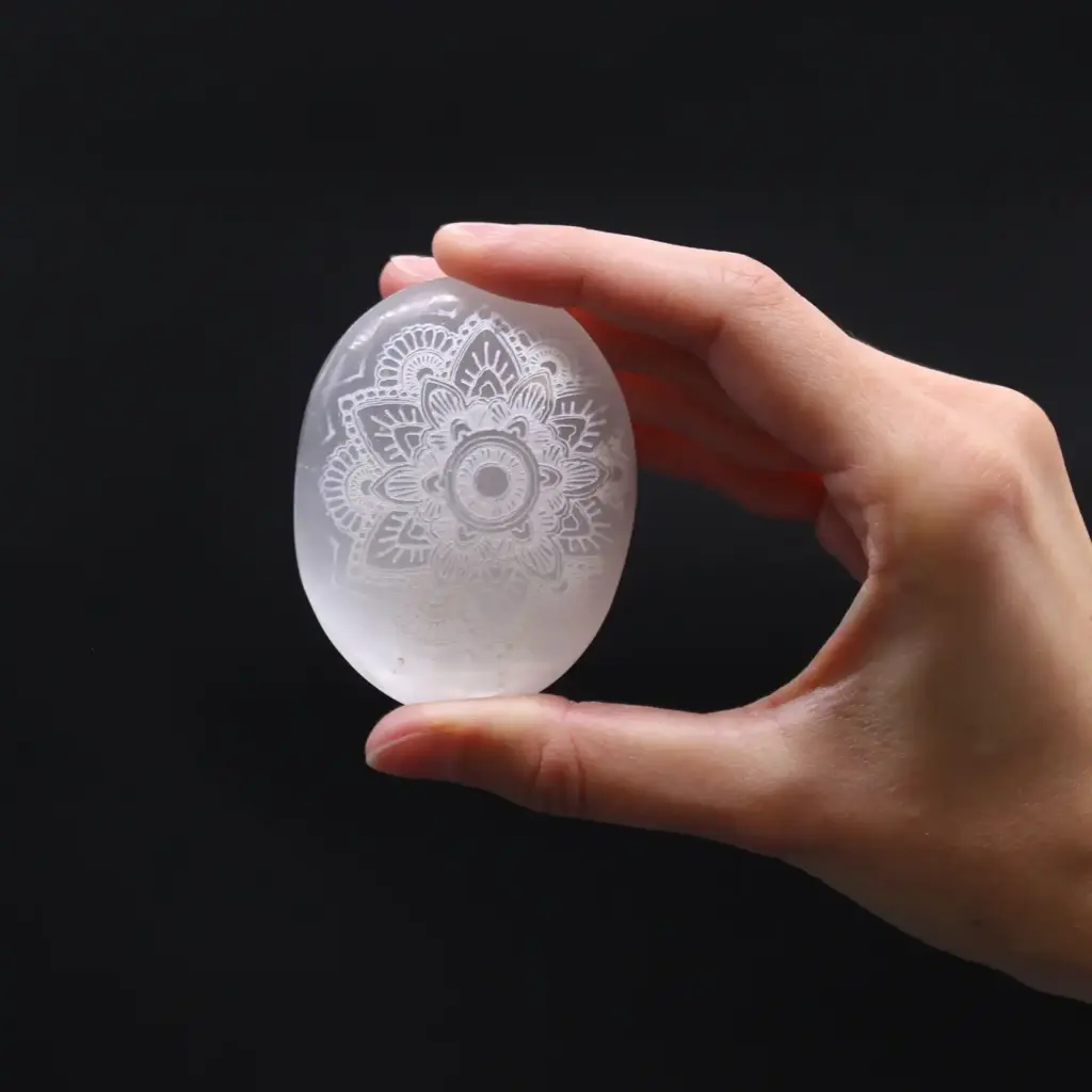 Selenite Palm Stone – Mandala Engraved | www.artisangoods.co.uk 3 Selenite Palm Stone – Mandala Engraved | www.artisangoods.co.uk 3