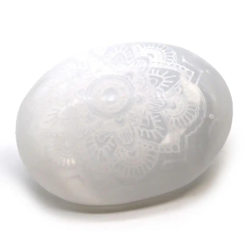 Selenite Palm Stone – Mandala Engraved | www.artisangoods.co.uk