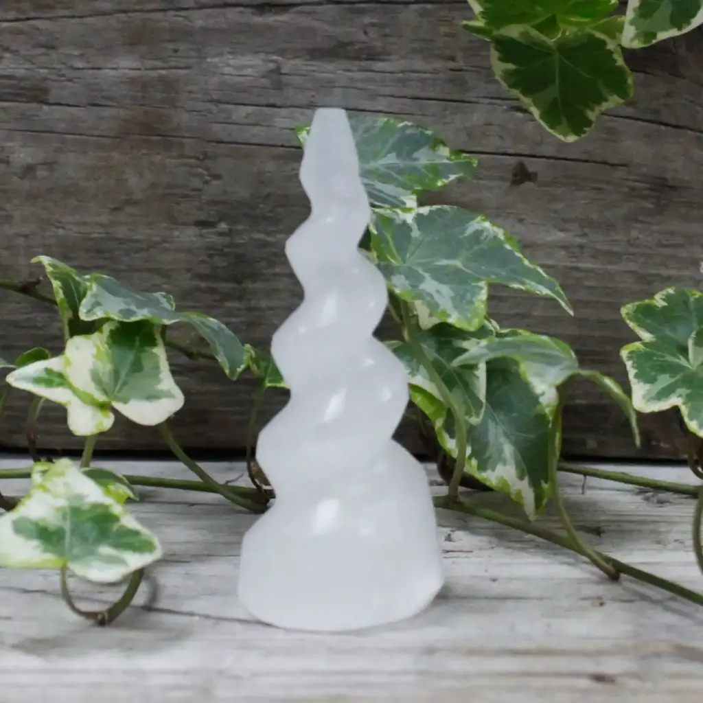 Selenite Spiral Unicorn Horn Tower – 10 cm | www.artisangoods.co.uk