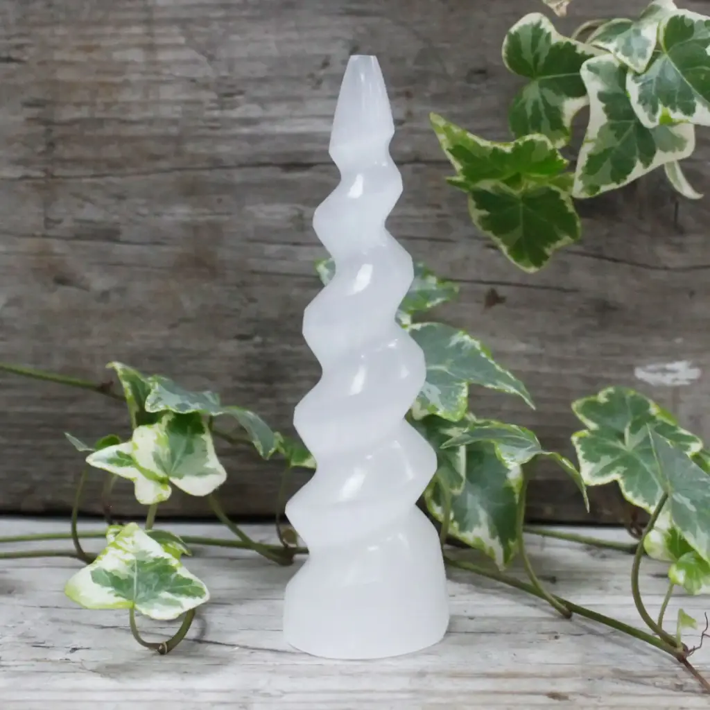 Selenite Spiral Unicorn Horn Tower – 15 cm | www.artisangoods.co.uk