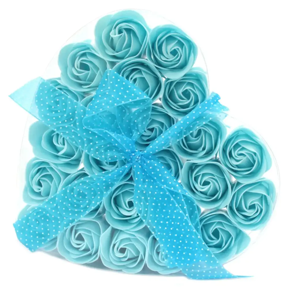 Set of 24 Soap Flower Heart Box – Blue Roses | www.artisangoods.co.uk