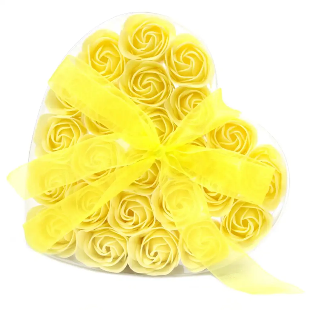 Set of 24 Soap Flower Heart Box – Yellow Roses | www.artisangoods.co.uk