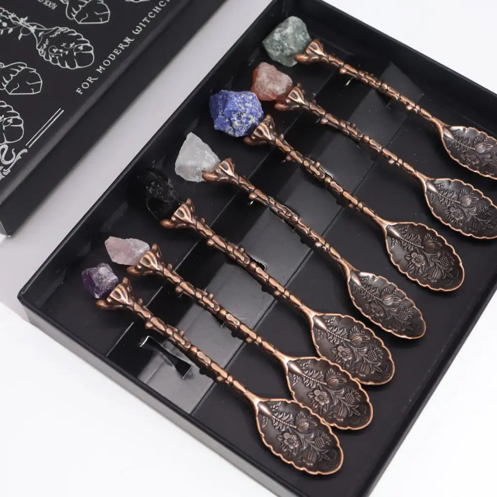 Set of 7 Bronze Gemstone Crystal Witch Spoons | www.artisangoods.co.uk