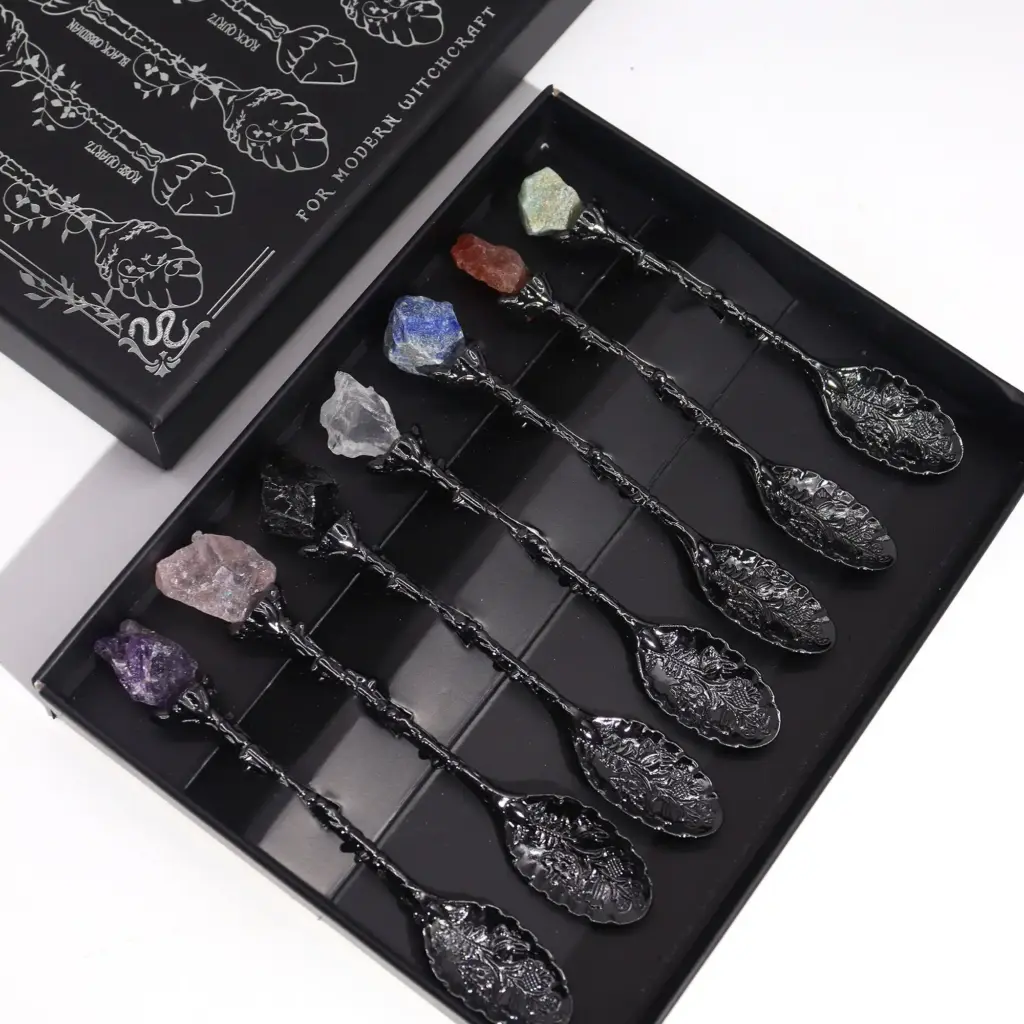 Set of 7 Dark Silver Gemstone Crystal Witch Spoons | www.artisangoods.co.uk 4
