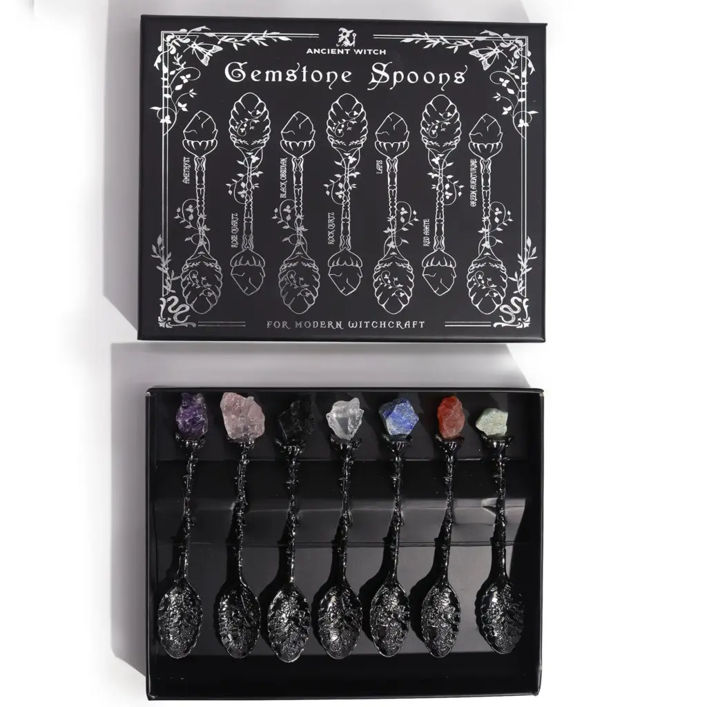 Set of 7 Dark Silver Gemstone Crystal Witch Spoons | www.artisangoods.co.uk 2