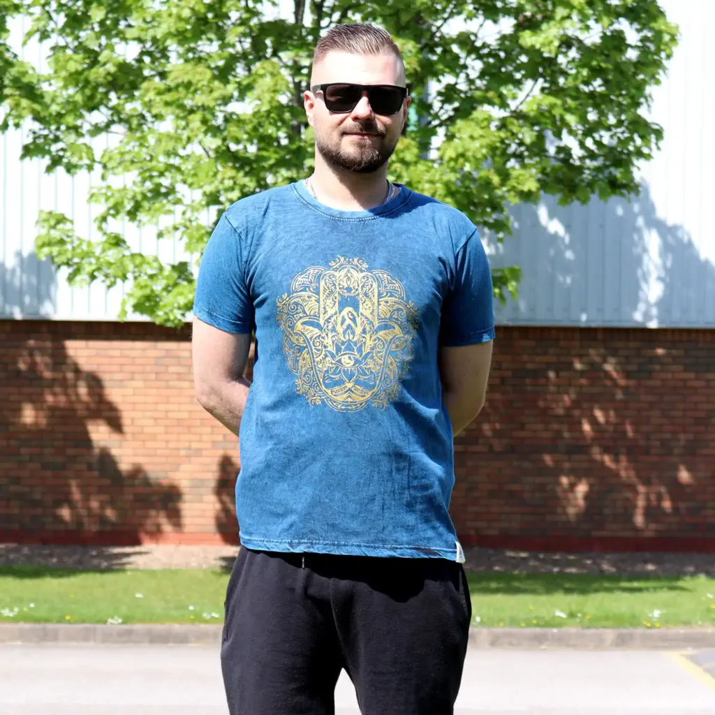 Small Stone Washed T-Shirt – Hamsa – Blue | www.artisangoods.co.uk