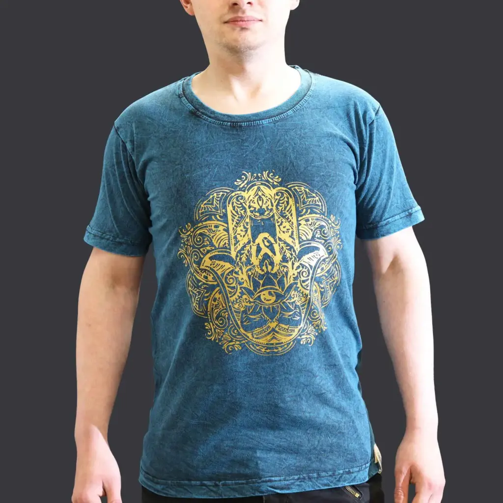Small Stone Washed T-Shirt – Hamsa – Blue | www.artisangoods.co.uk 2