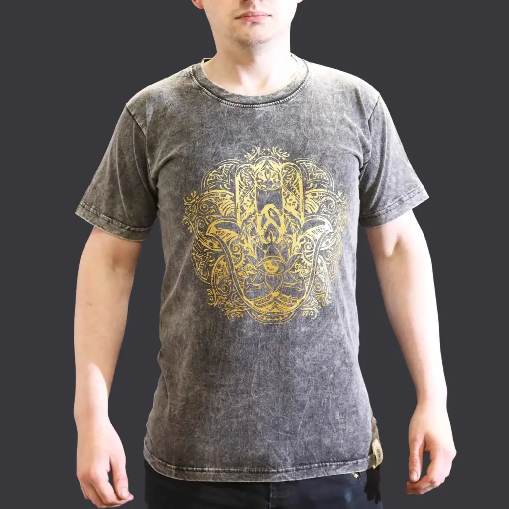 Small Stone Washed T-Shirt – Hamsa – Dark Grey | www.artisangoods.co.uk