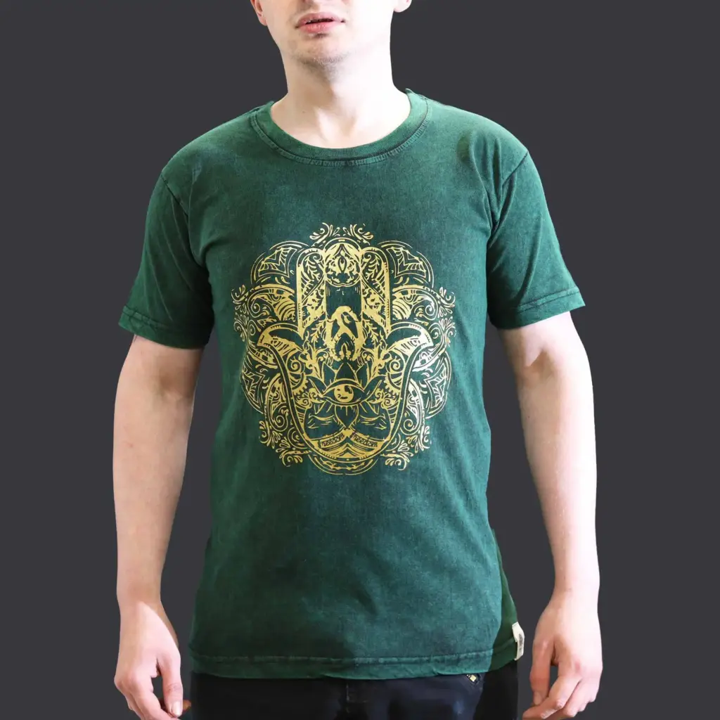 Small Stone Washed T-Shirt – Hamsa – Green | www.artisangoods.co.uk