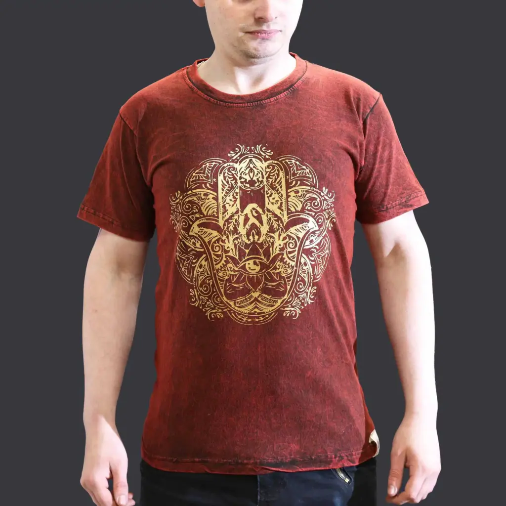 Small Stone Washed T-Shirt – Hamsa – Maroon | www.artisangoods.co.uk 3