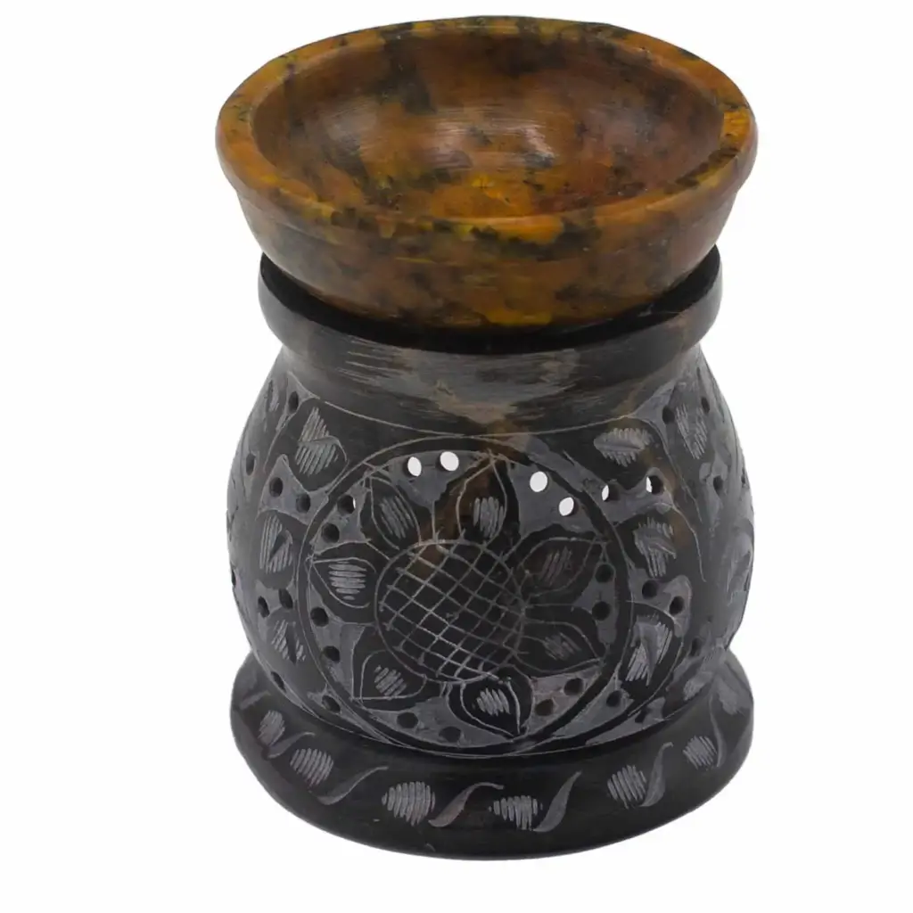 Soapstone Oil Burner 10cm – Mandala Flower – Black & Yellow | www.artisangoods.co.uk