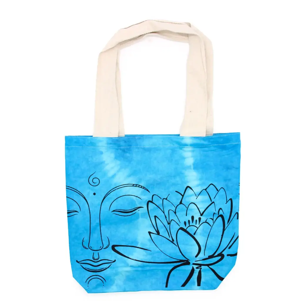 Tye-Dye Cotton Bag (6oz) – 38x42x12cm – Lotus Buddha – Blue – Natural Handle | www.artisangoods.co.uk