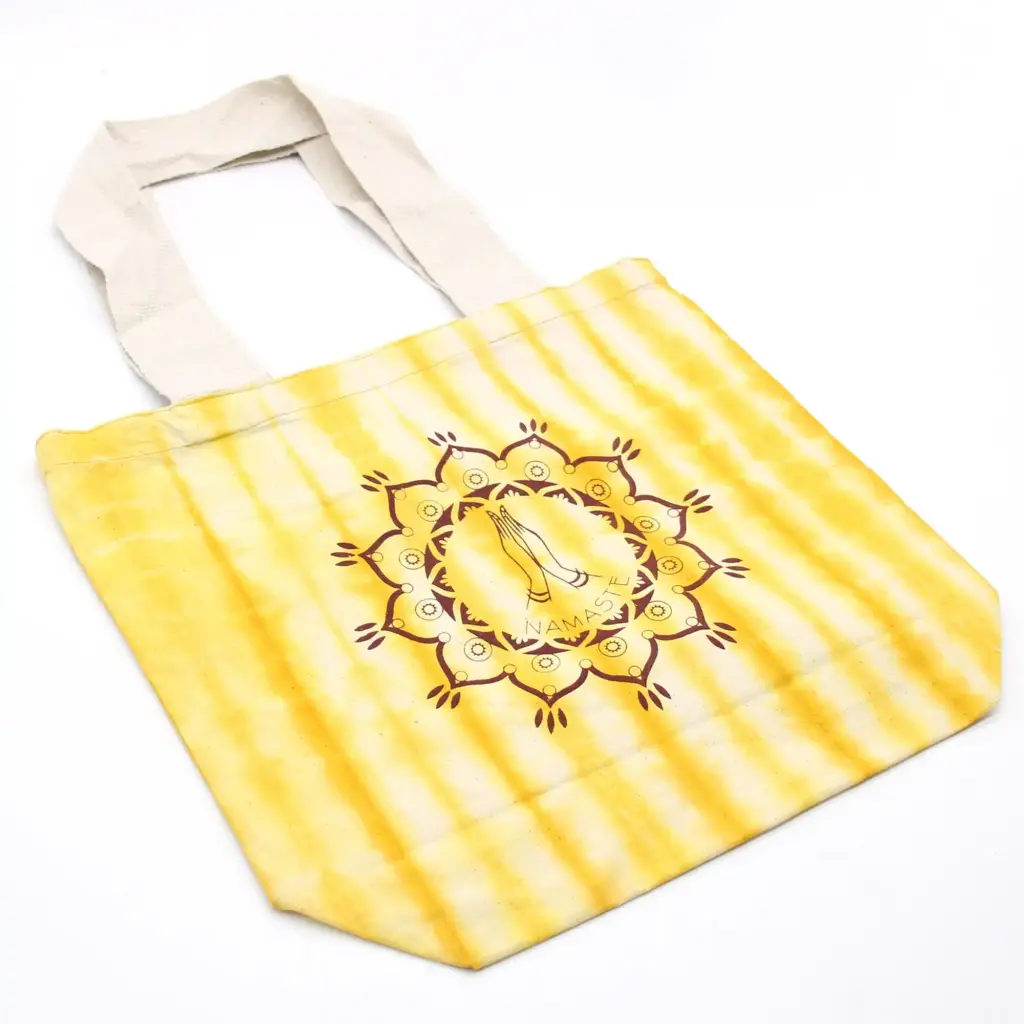 Tye-Dye Cotton Bag (6oz) – 38x42x12cm –  Namaste Hands – Yellow – Natural Handle | www.artisangoods.co.uk 2