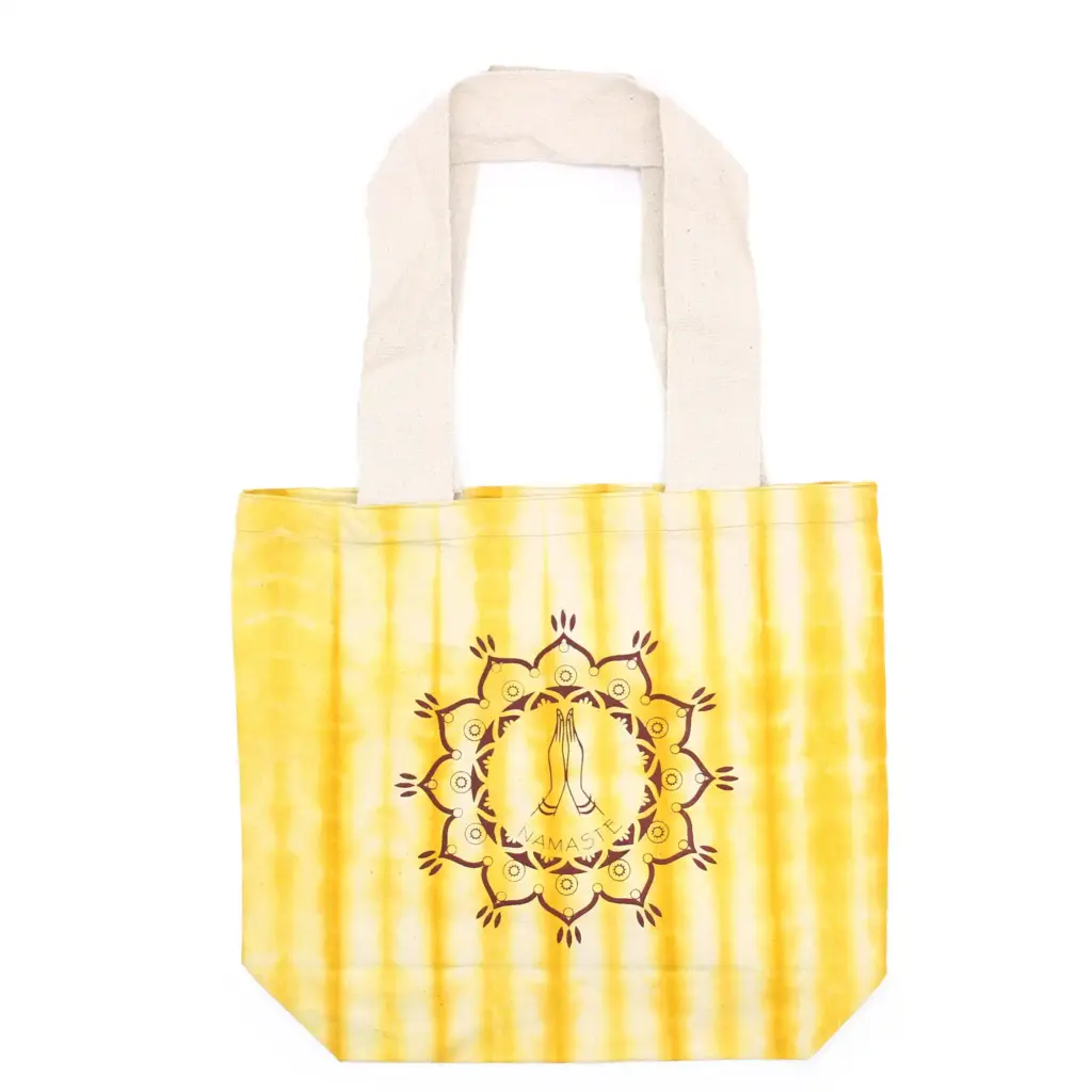 Tye-Dye Cotton Bag (6oz) – 38x42x12cm –  Namaste Hands – Yellow – Natural Handle | www.artisangoods.co.uk