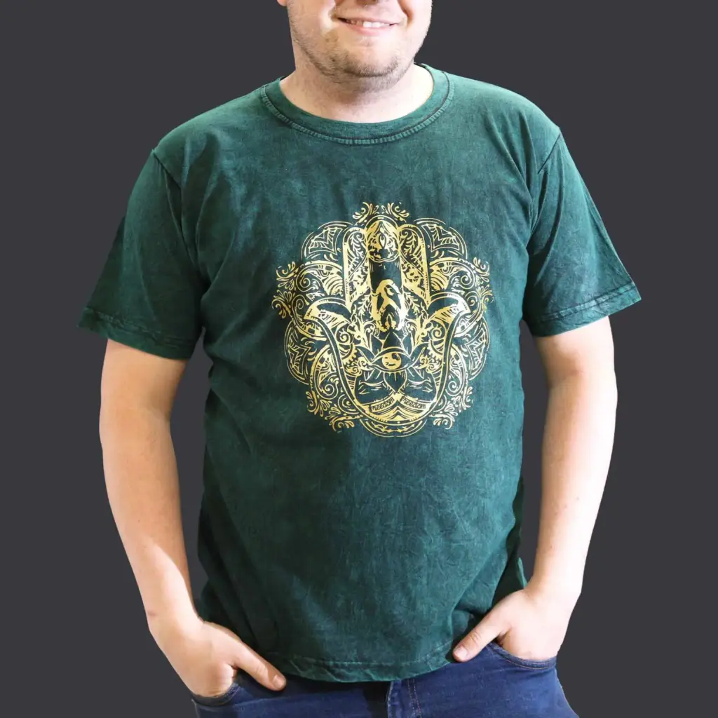 XLarge Stone Washed T-Shirt – Hamsa – Green | www.artisangoods.co.uk