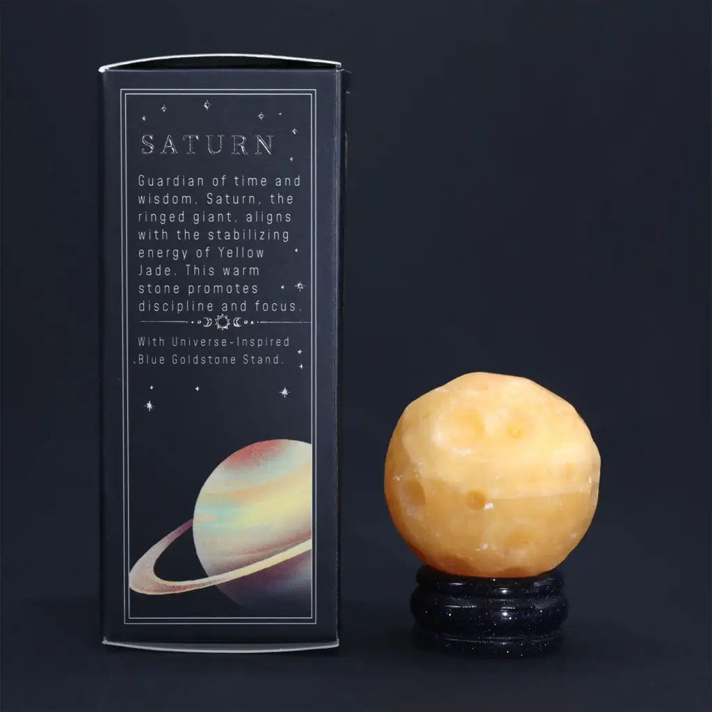 Yellow Jade Planet on a Sola Goldstone Stand (SATURN) | www.artisangoods.co.uk