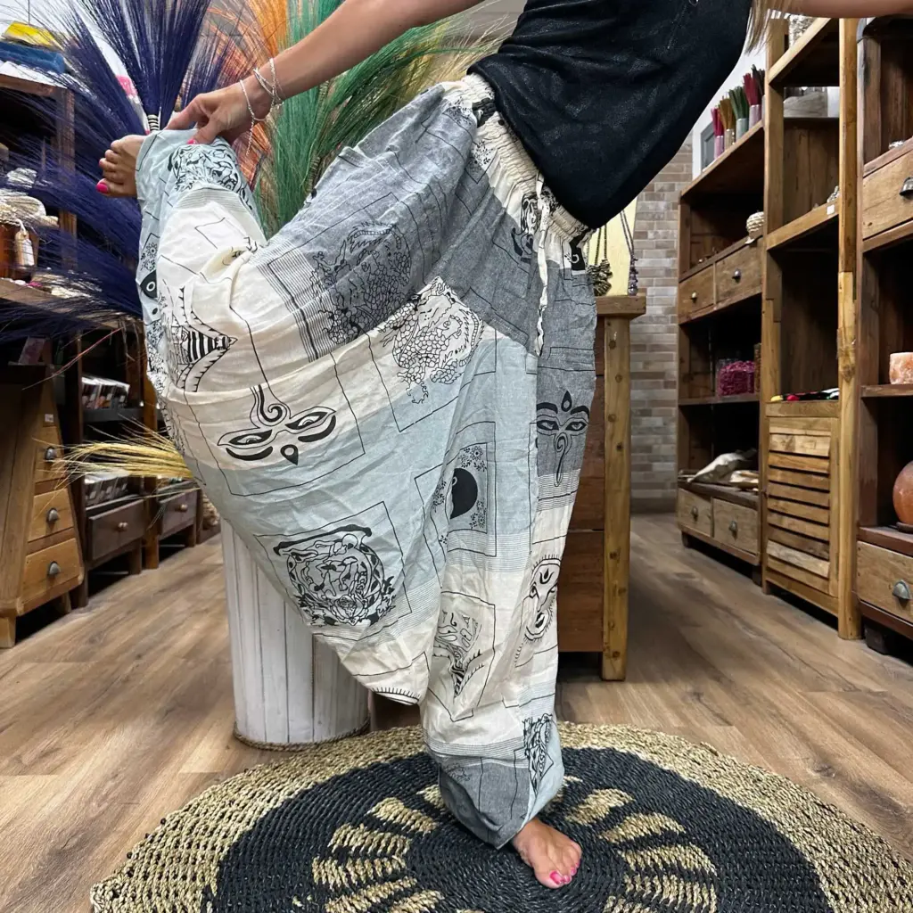 Yoga and Festival Pants – Aladdin Himalayan Print on Grey | www.artisangoods.co.uk Yoga and Festival Pants – Aladdin Himalayan Print on Grey | www.artisangoods.co.uk