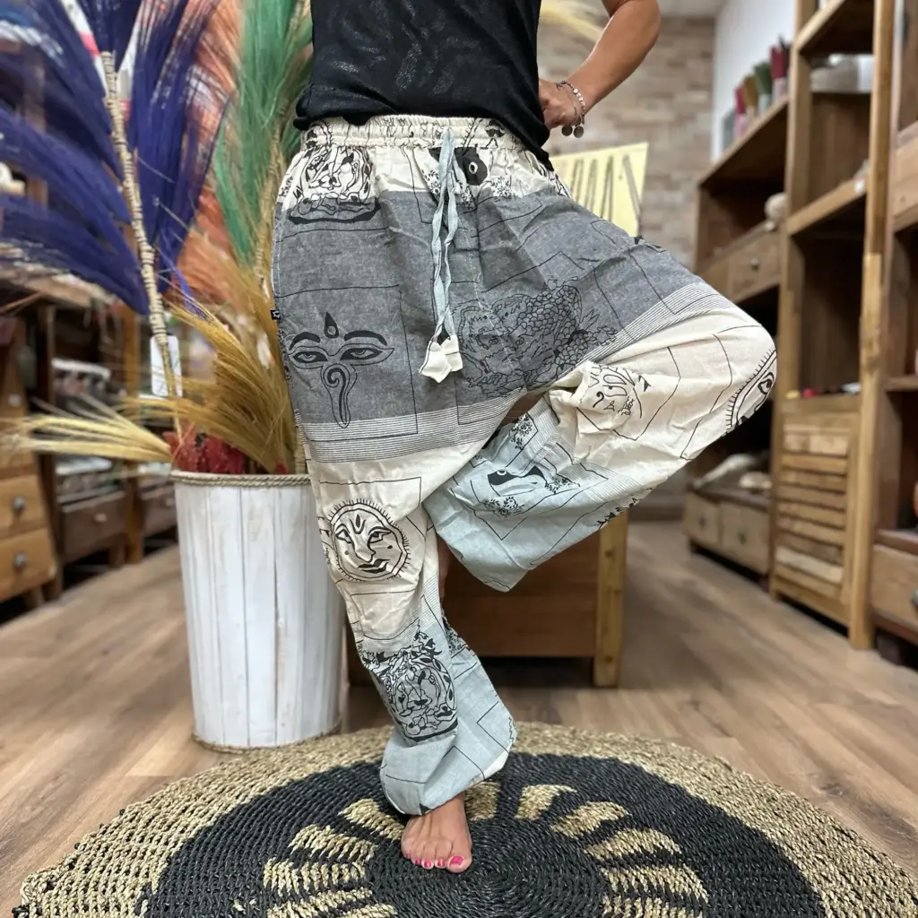 Yoga and Festival Pants – High Cross Himalayan Print on Grey | www.artisangoods.co.uk
