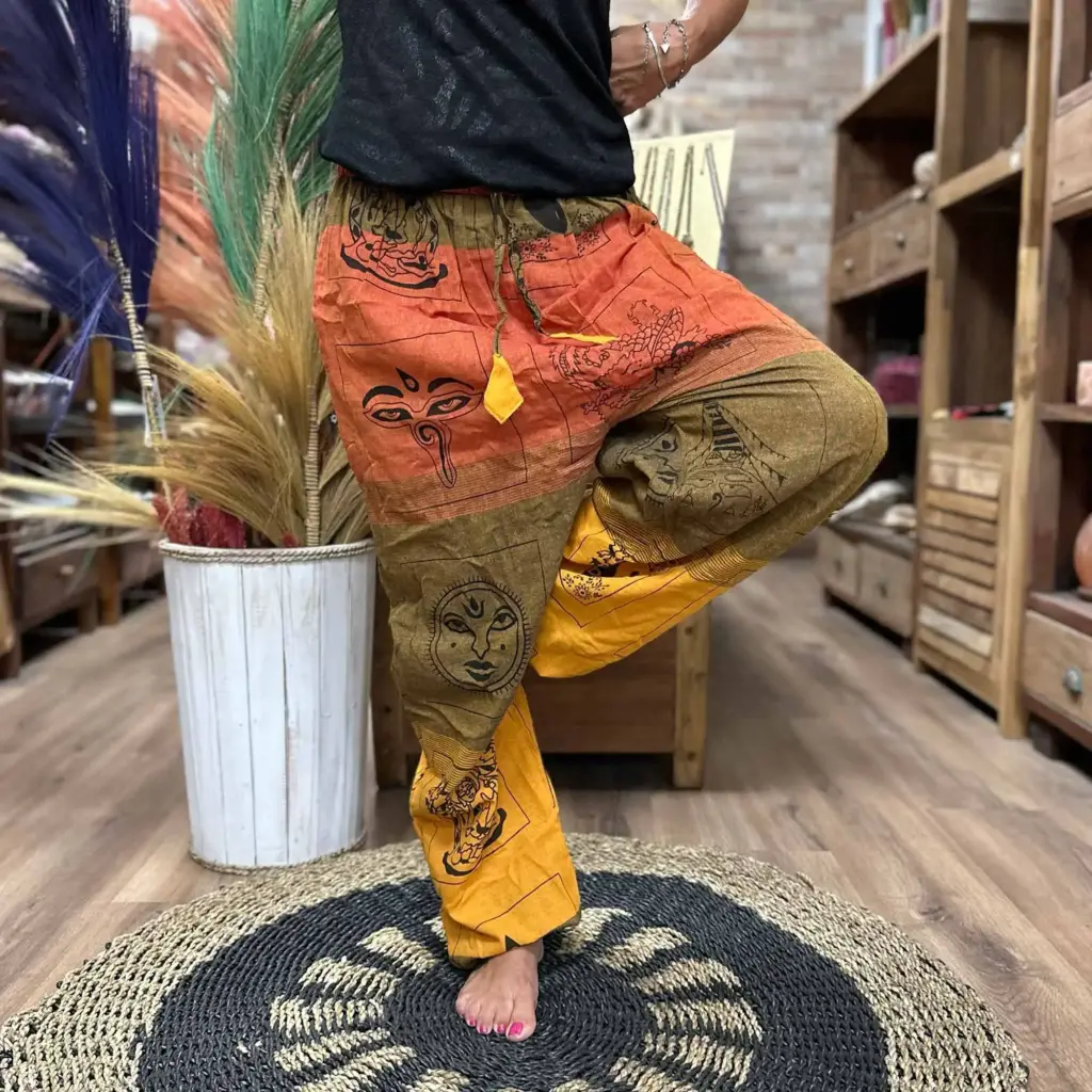 Yoga and Festival Pants – High Cross Himalayan Print on Orange | www.artisangoods.co.uk