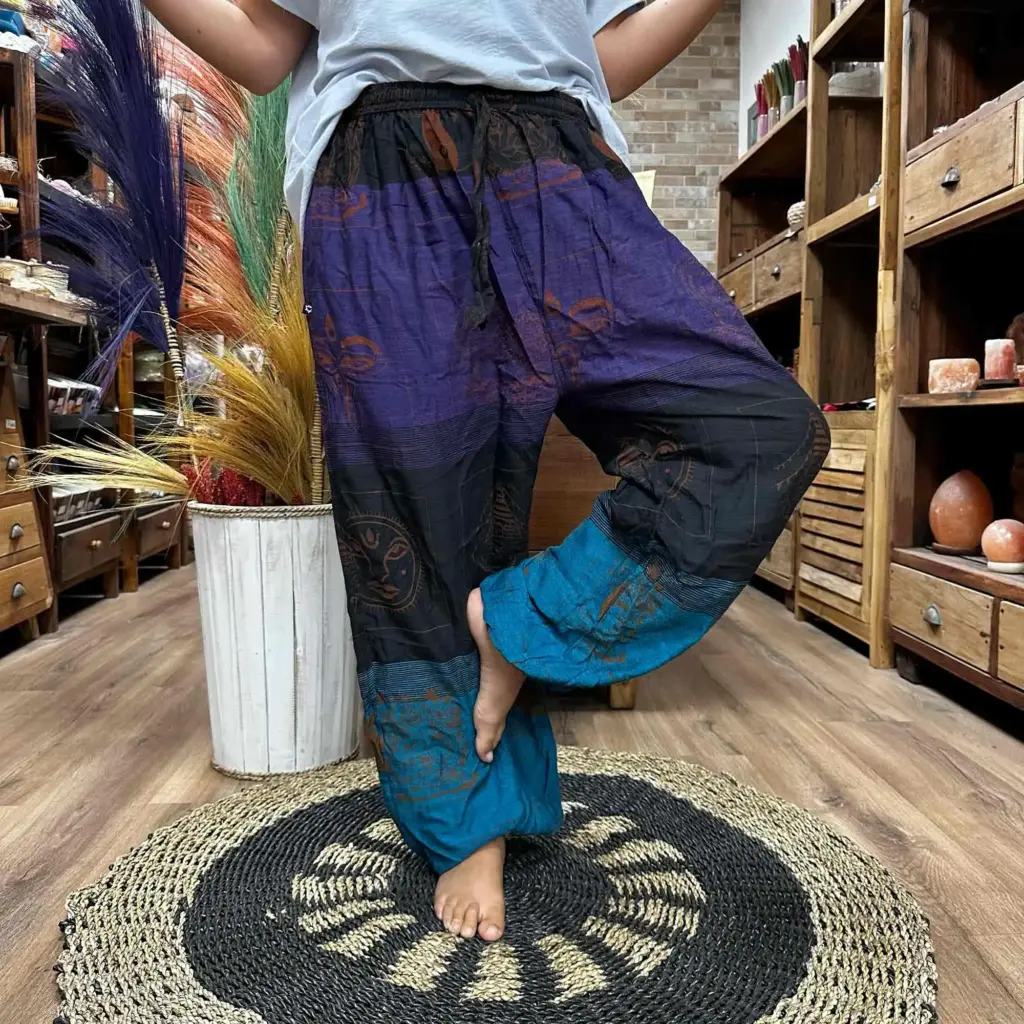 Yoga and Festival Pants – High Cross Himalayan Print on Purple | www.artisangoods.co.uk