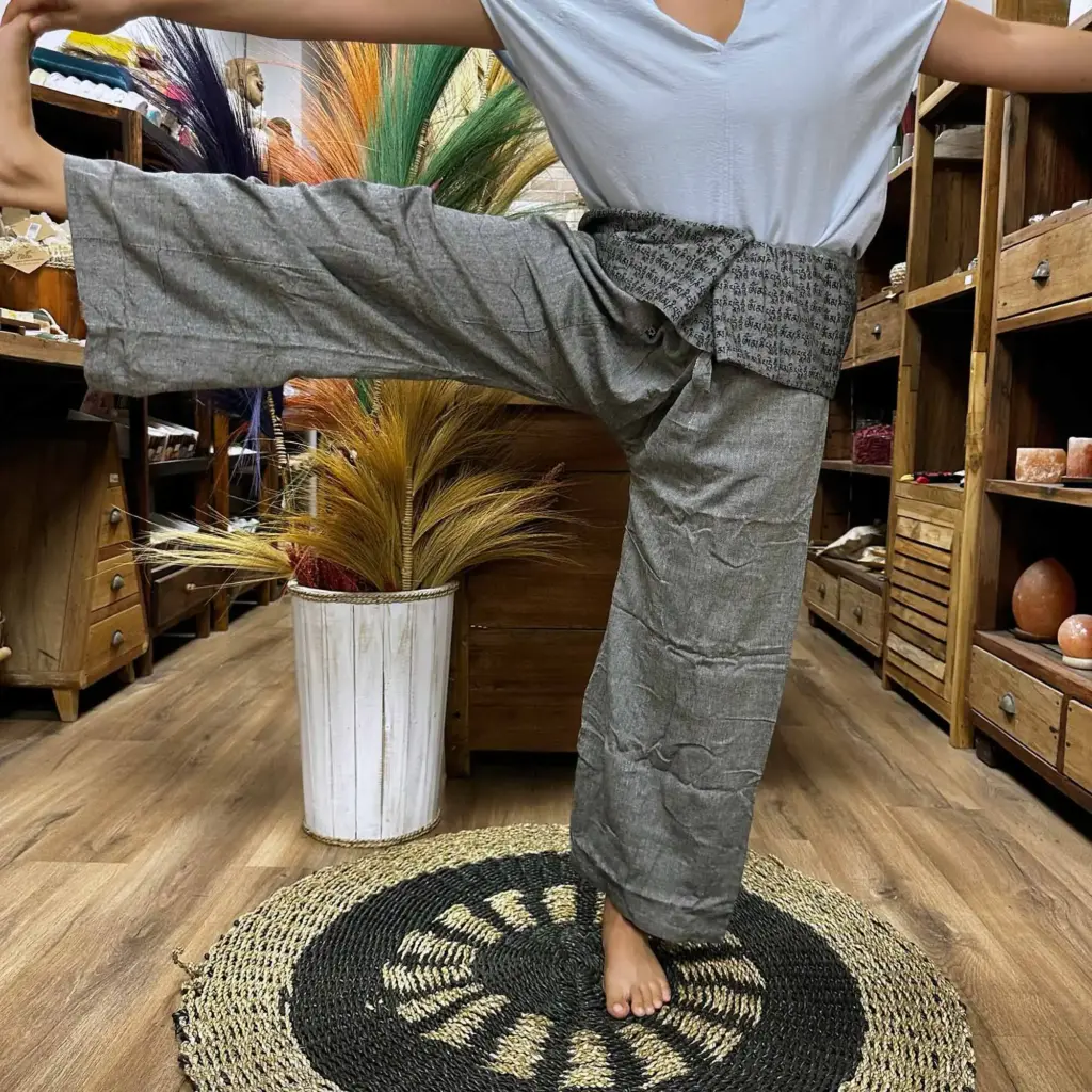 Yoga and Festival Pants – Thai Fisherman Mandala Mantra on Grey | www.artisangoods.co.uk