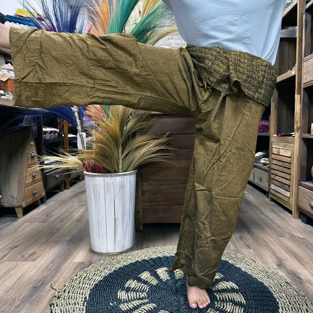 Yoga and Festival Pants – Thai Fisherman  Mandala Mantra on Orange | www.artisangoods.co.uk