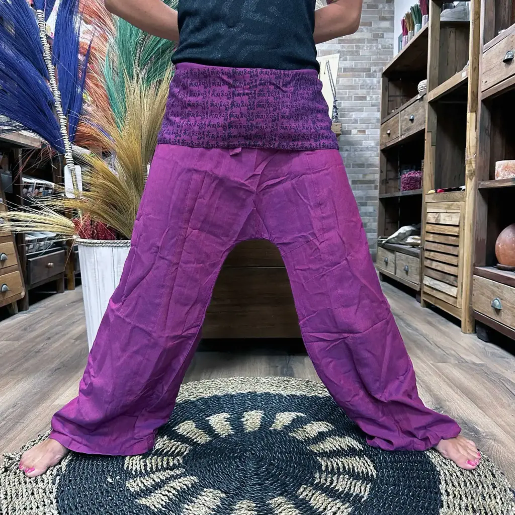 Yoga and Festival Pants – Thai Fisherman Mandala Mantra on Purple | www.artisangoods.co.uk 2