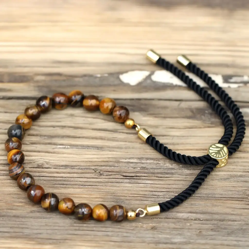 18K Gold Plated Gemstone Black String Bracelet – Tiger Eye | www.artisangoods.co.uk 2